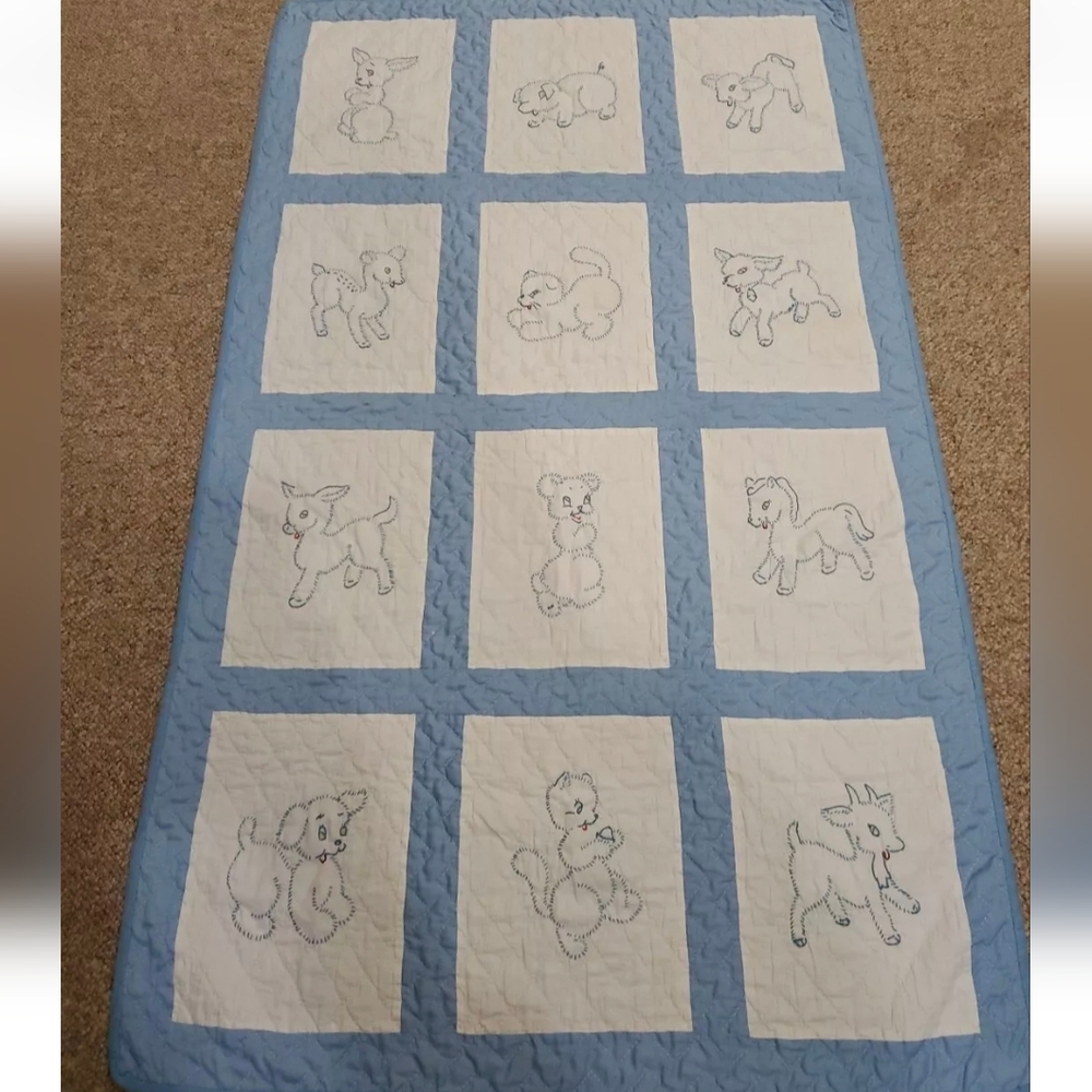 Baby Quilt Blue And White With Cute Animals
